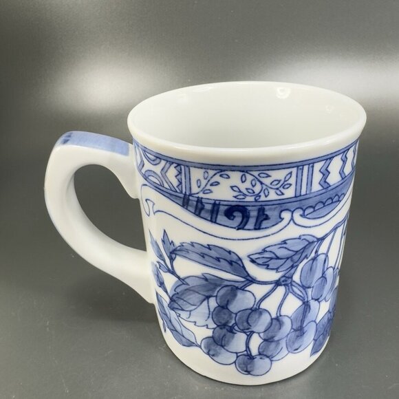 1995 Jardin Blue Cardinal Ceramic Coffee Mug Cup Set 2 Blue White Fruit Cherry - Picture 9 of 15